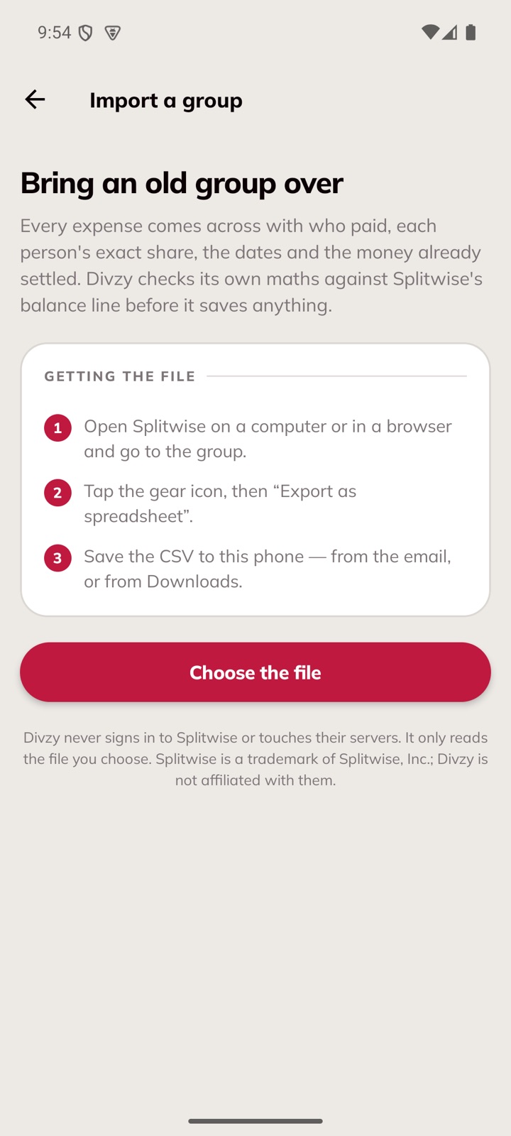 The import screen explaining how to get the file, with the Choose the file button.