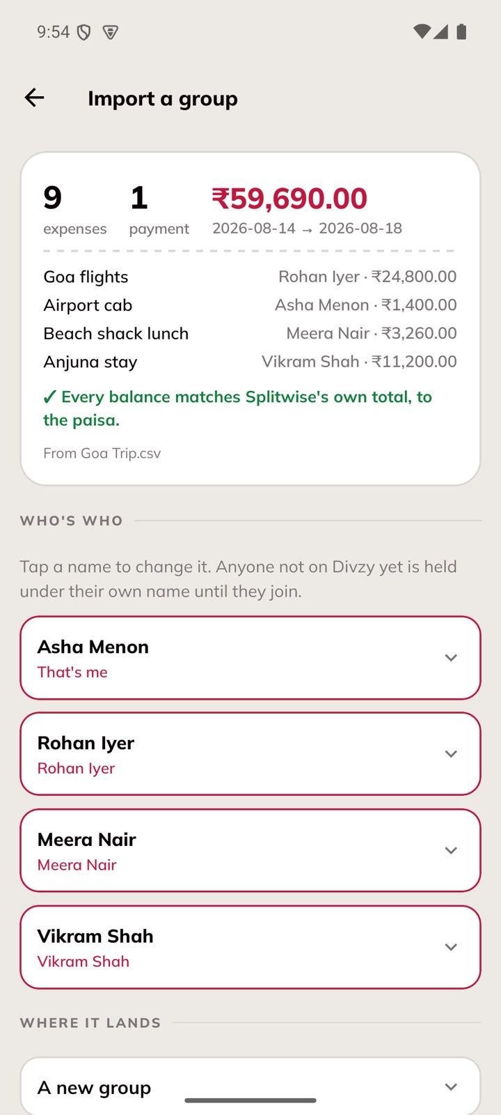 The import screen showing nine expenses, one payment and a note that every balance matches Splitwise.