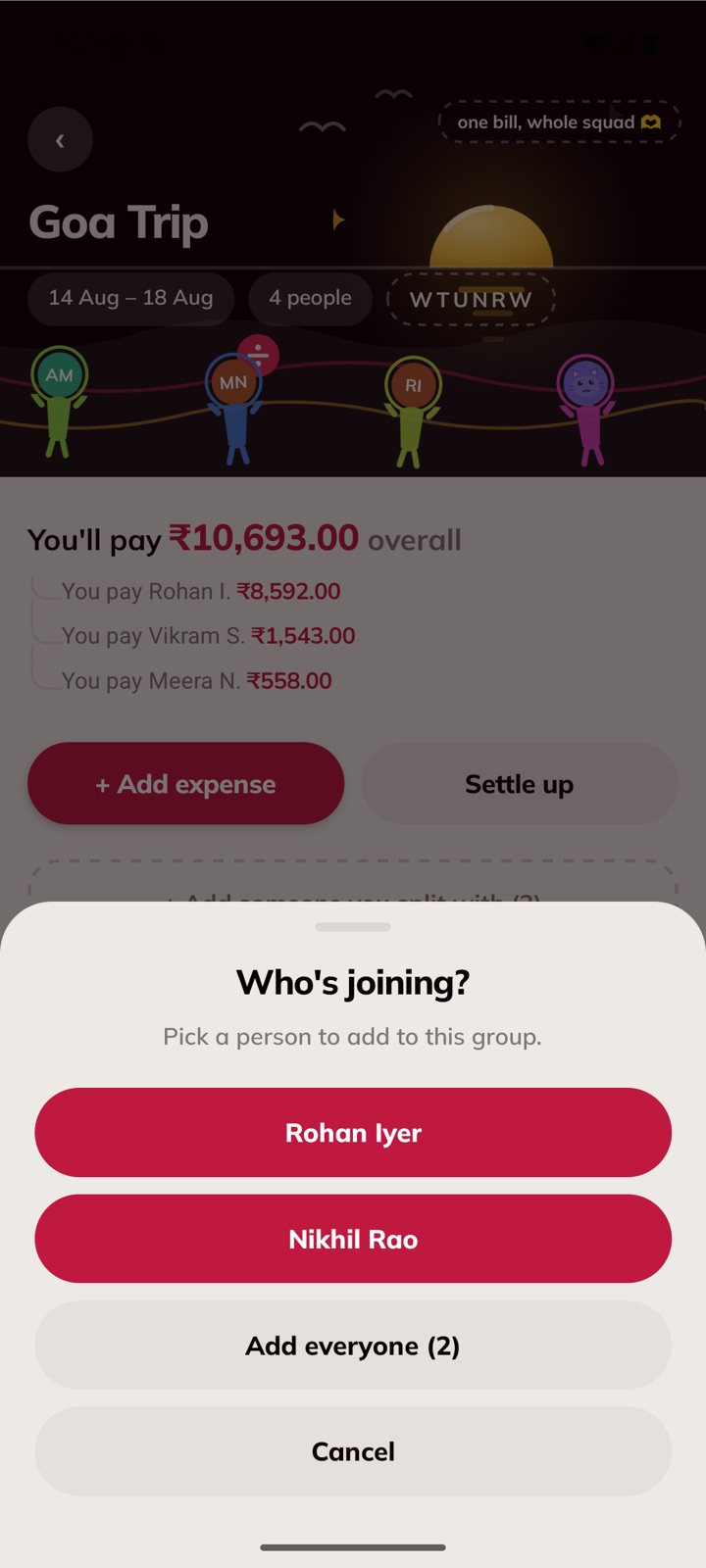 The sheet asking which person is joining the group.