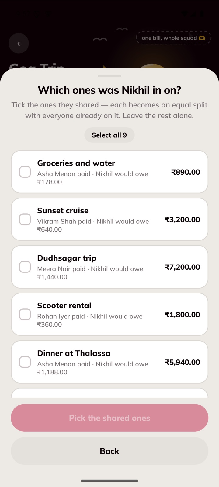The list of earlier bills with tick boxes, showing what the new member would owe on each.