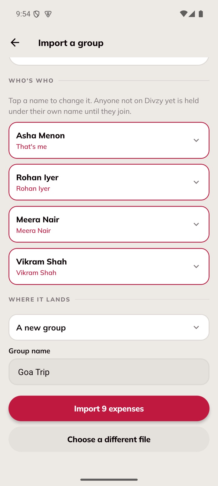 The who's-who step matching each name from the export to a Divzy account.
