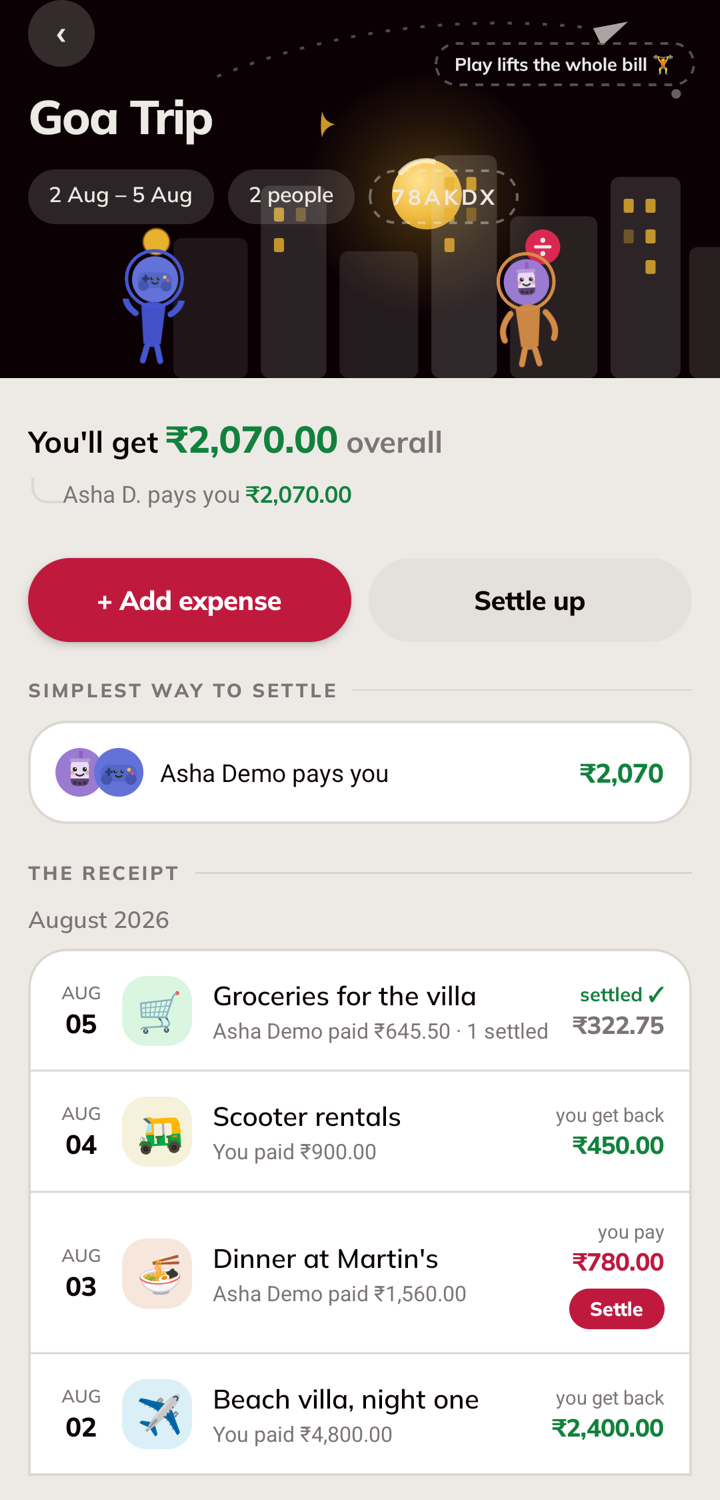 A Divzy group page: who pays whom, and the receipt of every expense