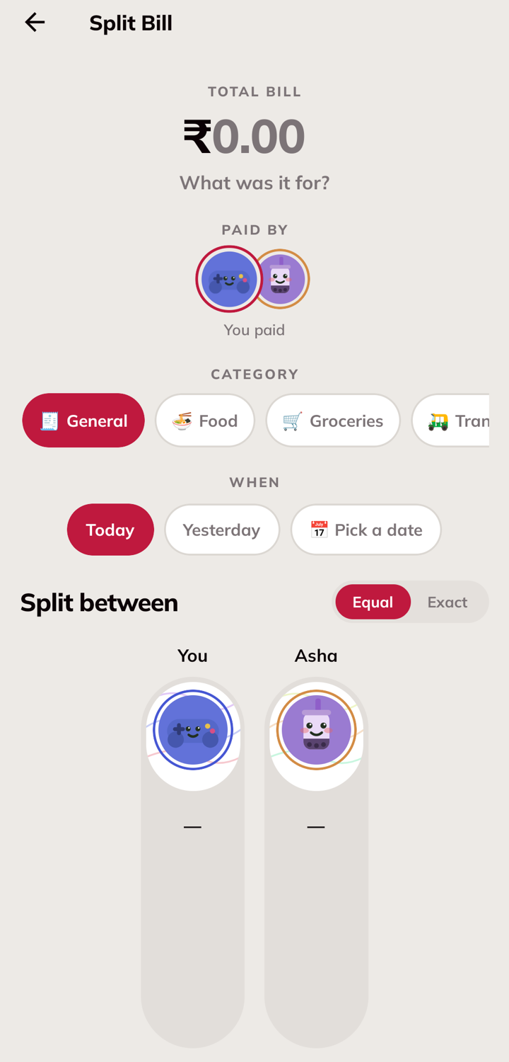 Divzy's Split Bill screen: each friend's share dragged to an exact amount